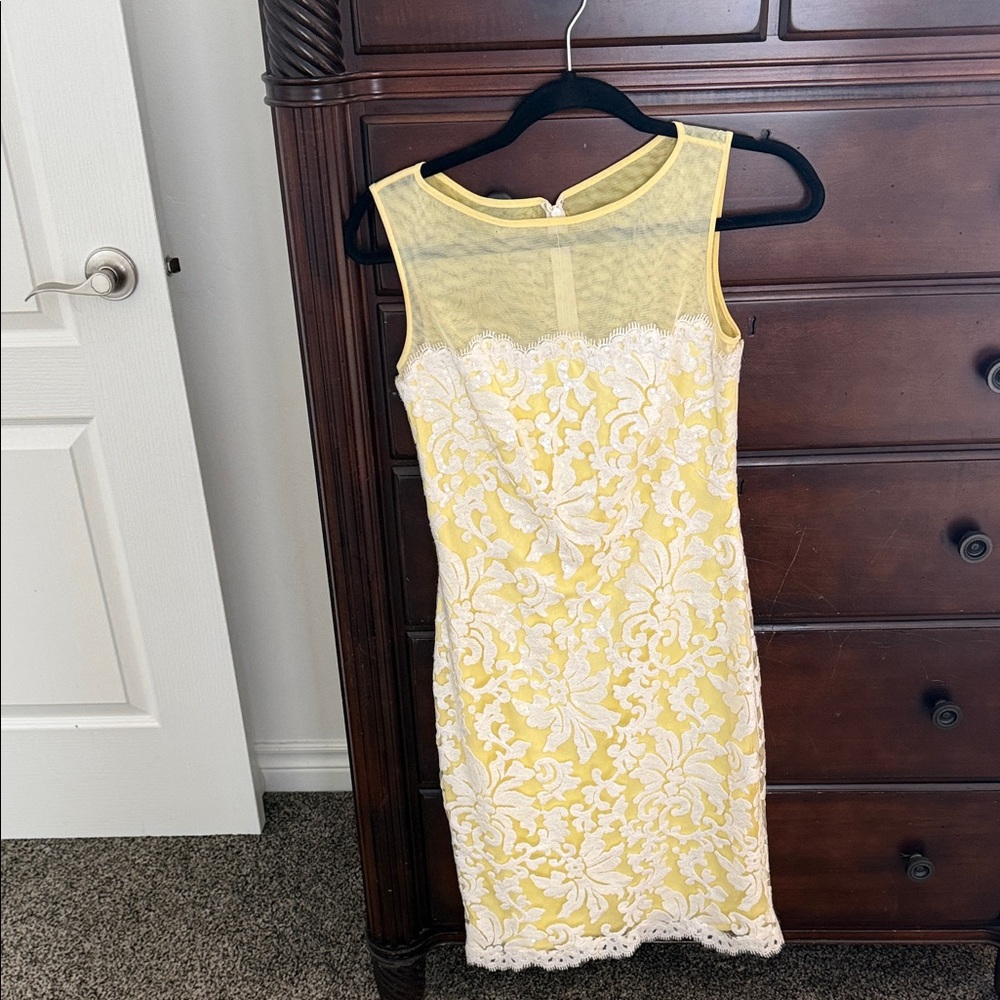 Tadashi Shoji Yellow Sheath Dress with White Lace Overlay